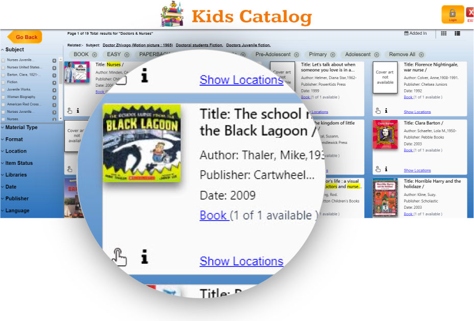 Search results in friendly Kids Catalog display