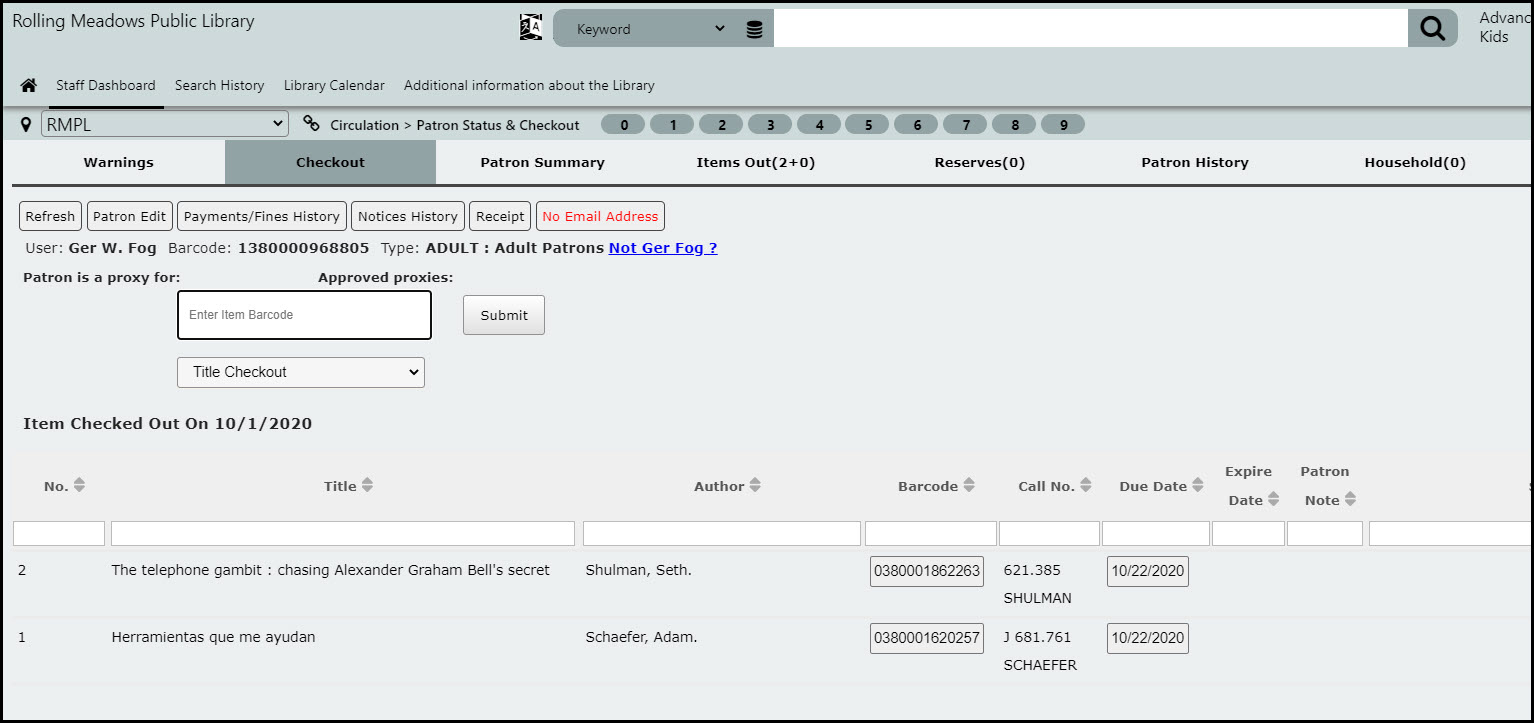 SLIMS checkout screen Patron Items Out screen in Circulation